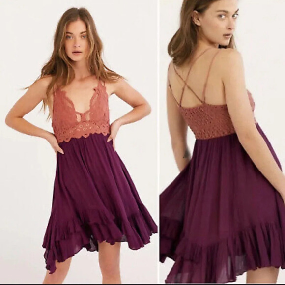 Free People Adella Slip Dress Copper Combo Medium Pink Purple Lace Crochet - Picture 1 of 8